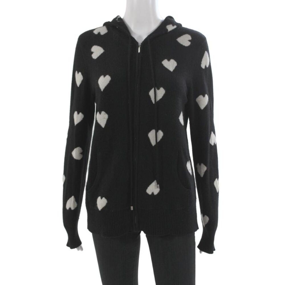 Ply Cashmere Women Full-zip Hoodie Black 100% Cashmere Drawstring Heart Size M